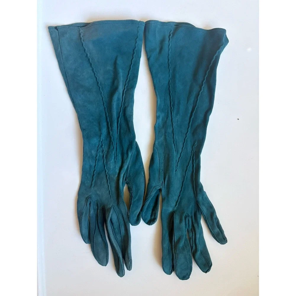 Vintage Radzelle Teal Blue Suede Mid-Length Evening Gloves